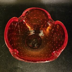 Murano Vintage Hand Blown Red and Amber Art Glass Bullicante Trinket Dish